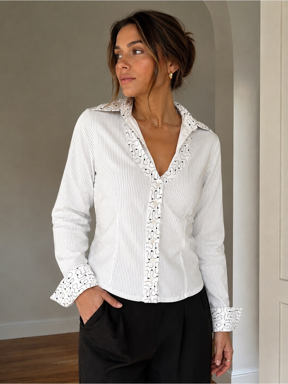 Rayure Paris White Pinstripe Embroidered Button Front Blouse - Picture 14 of 14